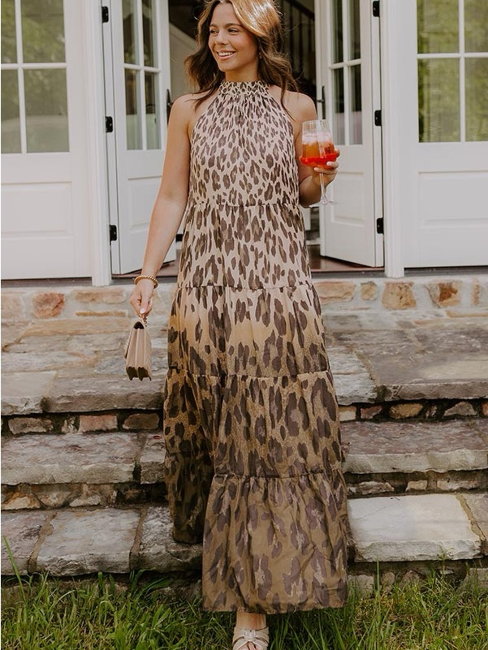 NWT Impressions Leopard Halter Tiered Maxi Dress - Brown - Picture 4 of 8